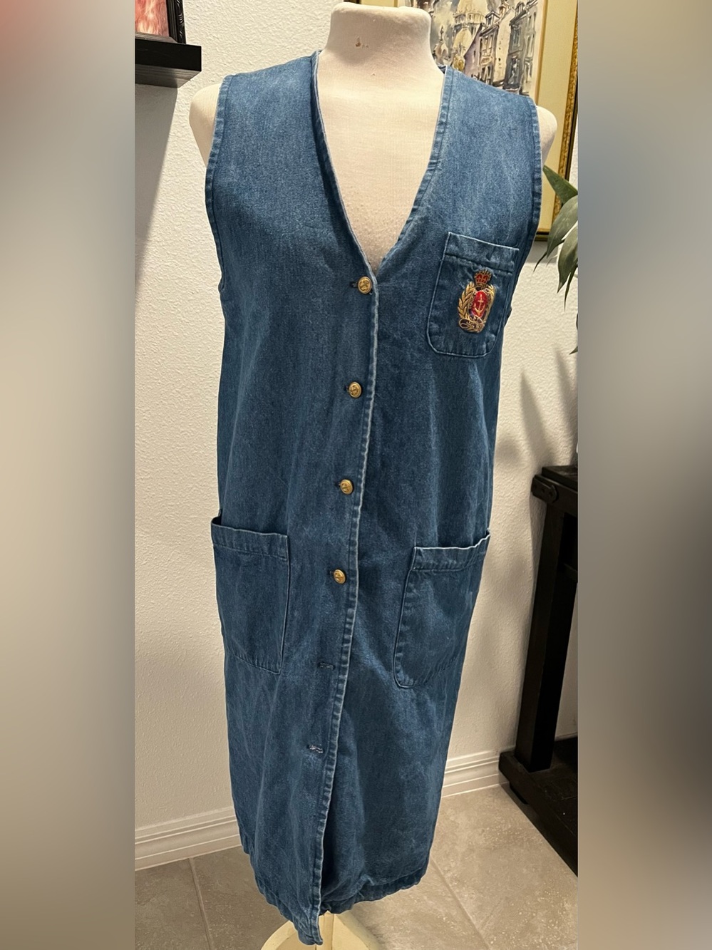 Vintage JG Hook Button-Front Denim Dress with Gold Buttons & Nautical Embroidery